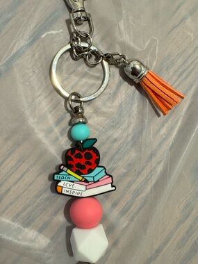 Cute Apple & Books Keychain Charm in Coral, Teal & White